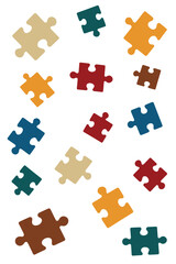 Naklejka premium A vibrant vector background featuring scattered puzzle pieces in various colors, arranged in a fun and dynamic way to create an engaging and lively abstract composition.