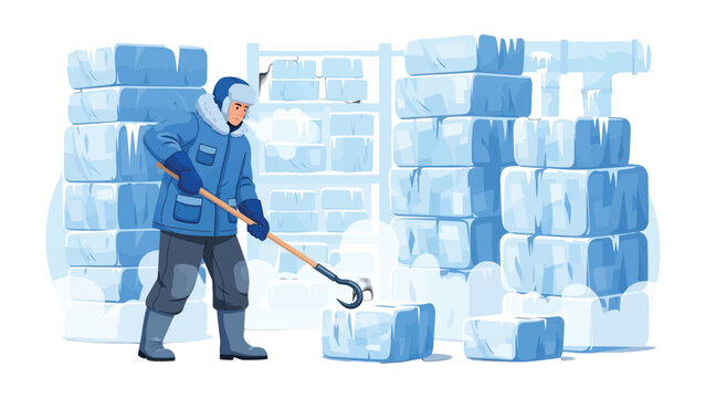 Crafting Ice: A worker meticulously tends to an icy landscape, carefully handling ice block. creating a scene of focused industry, resilience, and cold fortitude.
