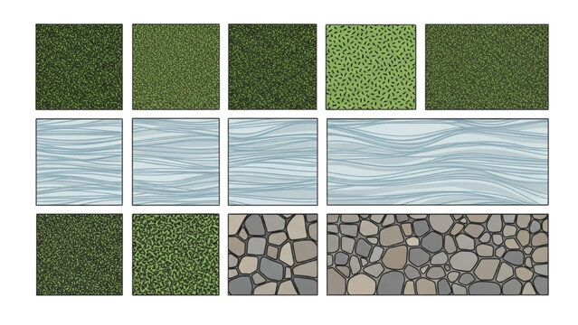 Vector CAD design style collage of grass, water, and stone textures