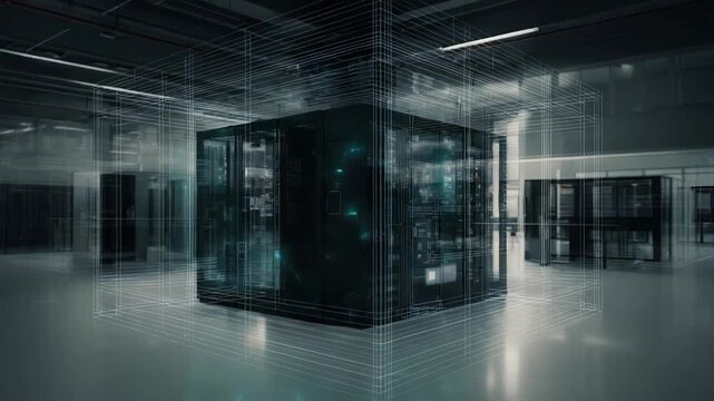Server racks inside a modern data center with a superimposed wireframe grid creating a digital twin representation of the physical infrastructure and network connections