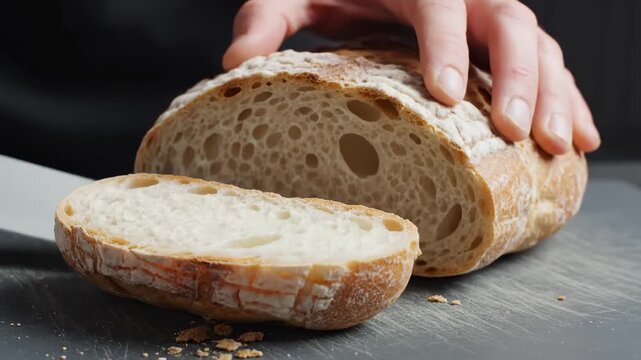 Close-Up of Hands Slicing Freshly Baked Artisan Bread on a Cutting Board