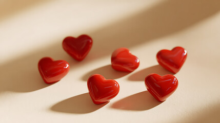 Obraz premium Vibrant red heart-shaped objects scattered on a neutral background, illuminated by natural light creating soft shadows and a warm ambiance