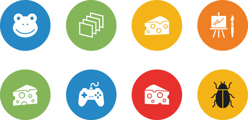 Fototapeta premium Creative Icon Set with Frog, Cheese, Game Controller, Painting Tools, Files, and Bug Symbols in Flat Color Style for Apps, Education, and Design