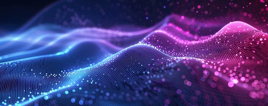 Futuristic Neon Particle Wave Mesh Background with AI Data Flow, Abstract Digital Grid Landscape in Blue and Magenta Glow, High Tech Big Data Visualization Banner