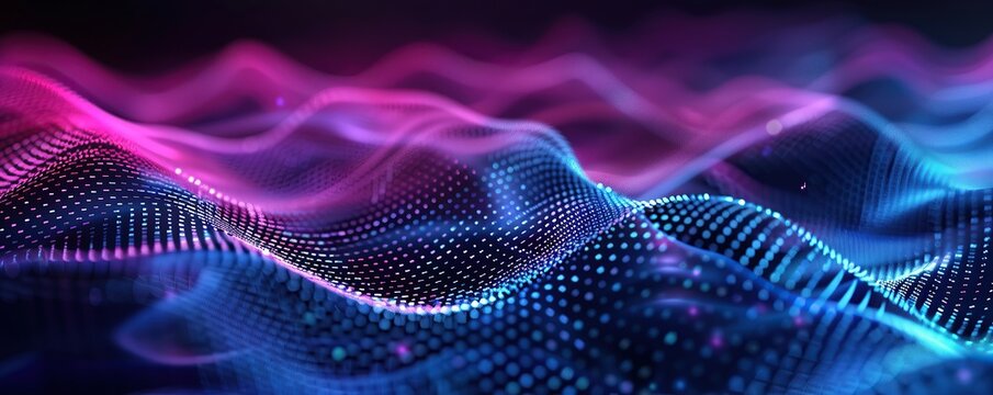 Futuristic Neon Particle Wave Mesh Background with AI Data Flow, Abstract Digital Grid Landscape in Blue and Magenta Glow, High Tech Big Data Visualization Banner