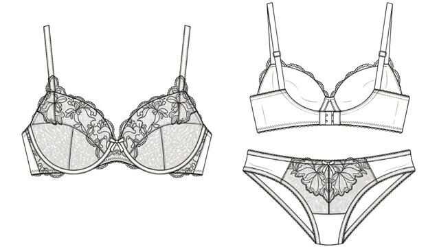 Vector CAD design style illustration of lingerie set with bra and panties