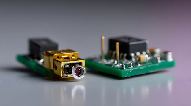 Close-up of small electronic circuit boards with components, featuring a golden optical transceiver for modern technology development