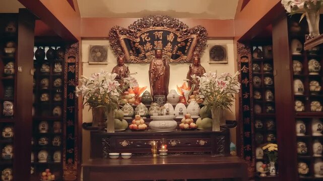 Beautiful flowers and ripe fruits are offered to Buddhas and ancestors in beautiful altar room with intricate carvings and golden statues of Buddhas and Bodhisattvas in Chua Phap Hoa  Buddhist temple