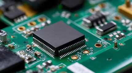 Obraz premium Close up view of a microchip on a green circuit board, showcasing intricate electronic components for modern technology and data processing