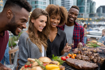 Obraz premium Friends enjoying a barbecue party by the waterfront during a sunny afternoon