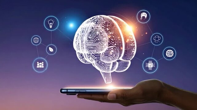 A digital brain is held above a phone. Tech-related icons surround it