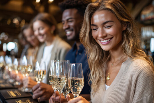 Friends enjoy sparkling wine tasting experience at a cozy vineyard in the early evening