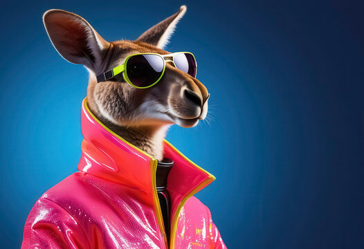 A kangaroo in a fashionable pink latex coat and sunglasses