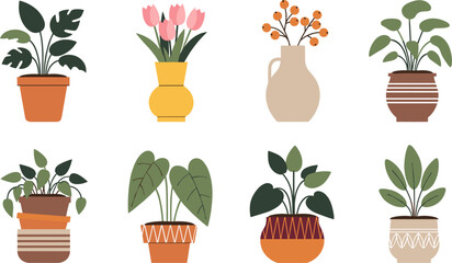 Potted Houseplants Icon Set with Indoor Greenery, Decorative Plant Vases, Botanical Home Decorations, Modern Flat Plant Illustrations, and Vector Designs for Interiors © Saidi