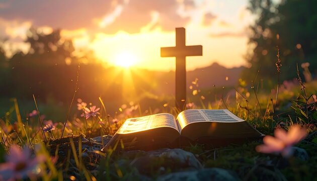 Faiths Beacon - Cross, Bible, and Sunrise in Spiritual Harmony.