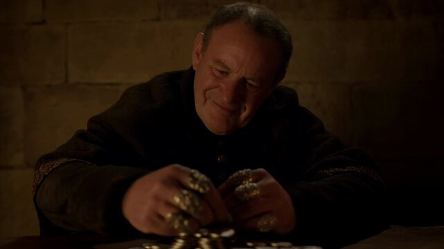Monk Counting Treasures. Elder Examines Coins By Candlelight. Silent Monk Sorts Gold In Dim Chamber