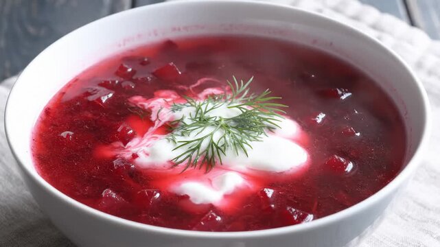 Close-Up of a Bowl of Delicious Beetroot Soup Garnished With Sour Cream and Dill