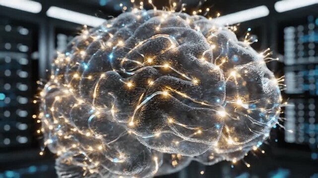 Conceptual depiction of a glowing human brain with interconnected neural pathways in a data center, symbolizing advanced artificial intelligence, deep learning, and complex thought processing