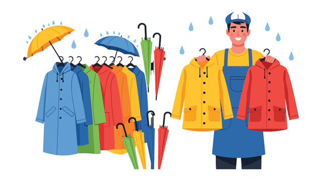 Rainy Day Wardrobe Selection: A cheerful individual proudly showcases an array of vibrant raincoats and umbrellas, presenting essential items for a wet day.