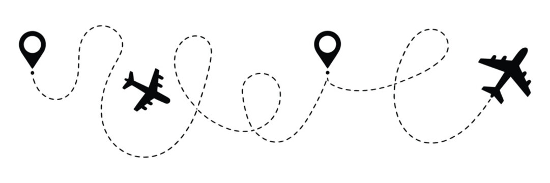Flight path of aircraft from location point along dotted line, flight route from waypoint with airplane silhouette, vector elements for travel navigation and aviation direction concept.