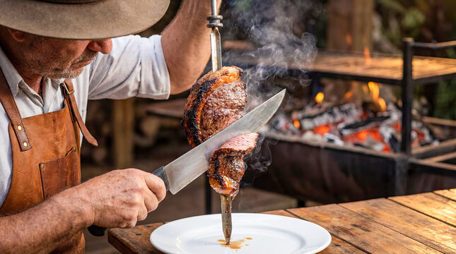 churrasco barbecue gaucho carving meat skewer open fire cowboy hat leather apron knife smoke outdoor traditional cuisine culture authentic heritage flame rustic gastronomy spit evening