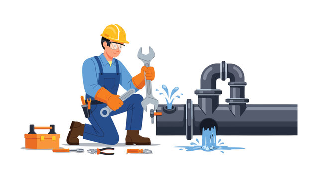 Plumber at Work: A skilled plumber addresses a leak in a water pipe, meticulously wielding a wrench amidst tools and essential equipment, ensuring the uninterrupted flow of services.