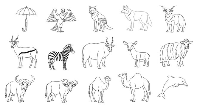 Various animals in a line drawing 3.