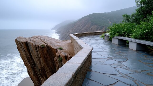 Coastal walkway with large rock overhang