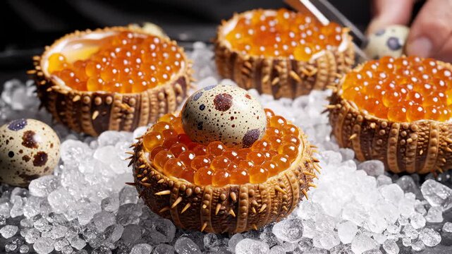 Chef Garnishing Gourmet Appetizer With Caviar and Quail Egg in Sea Urchin Shells on Ice