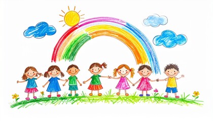 Fototapeta premium Colorful Crayon Drawing of Happy Children - Kids Illustration Background