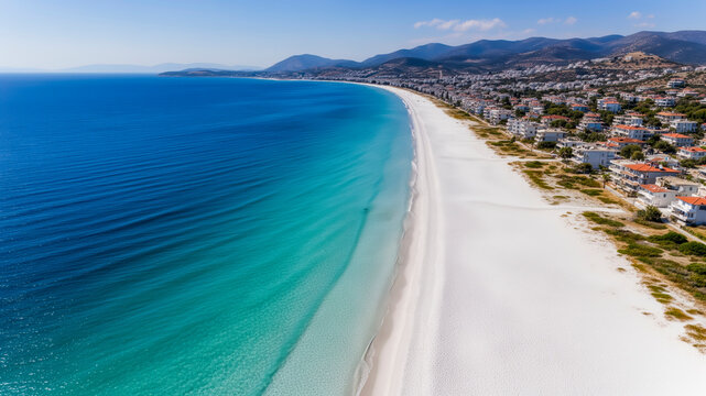 Aerial view of the pristine white sands and turquoise waters of Ayayorgi Coast in Cesme, Turkey, embodying tranquility and coastal summer vacation vibes.