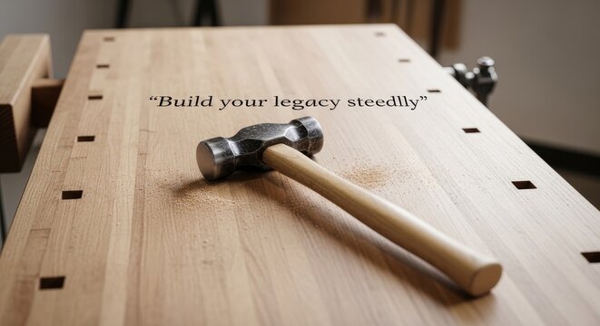 Hammer resting on wooden workbench with inspirational quote