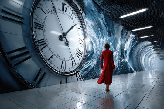 Woman in red coat walking through a tunnel with clock mural on wall