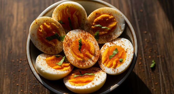 Deviled eggs are arranged on a plate on a wooden table indoors