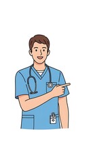 Fototapeta premium Medical professional pointing to the right cartoon illustration on white