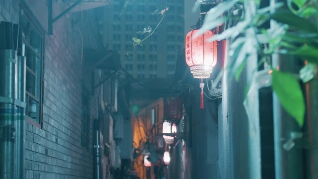 Lantern lit narrow alley night, misty blue glow, red chinese lanterns hanging from eaves, wet brick walls, overhanging leaves, soft lamplight, quiet cinematic atmosphere, rain reflections on pavement
