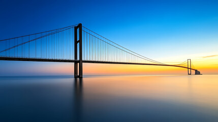 Obraz premium Minimalist suspension bridge over calm sea water at sunrise, vibrant sky, peaceful atmosphere