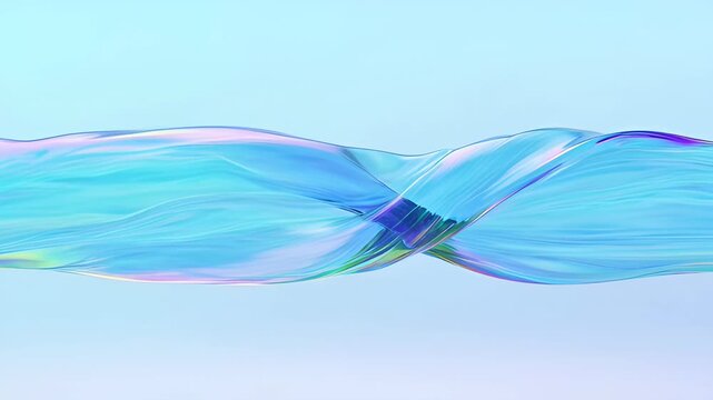 Iridescent twisted ribbon of translucent blue material flowing across pale background with soft reflection and graceful motion evoking calm and elegance iridescent flowing liquid ribbon soft blue