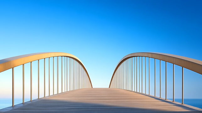 Minimalist suspension bridge, calm sea, blue sky, modern architecture, serene atmosphere