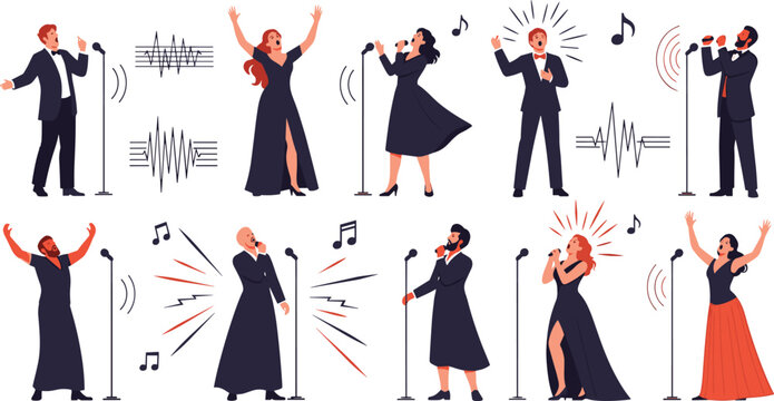 Opera Singers Performance Illustration Set with Vocal Artists, Stage Microphones, Musical Expression, and Classical Concert Characters for Music Event Design