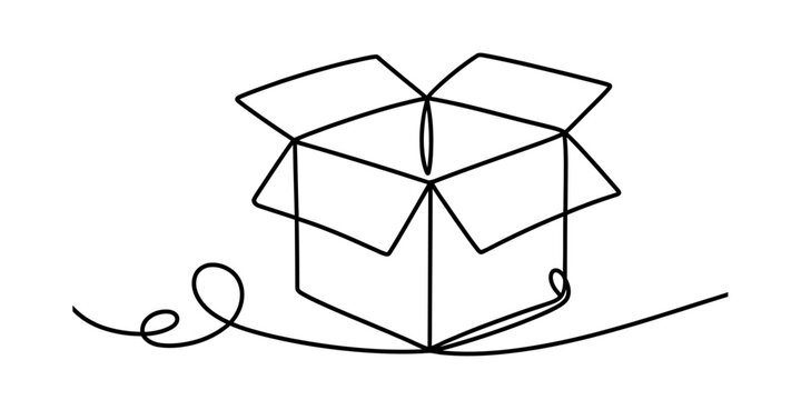 Minimalist continuous line drawing of an open cardboard box on a plain white background surface. Vector, illustration
