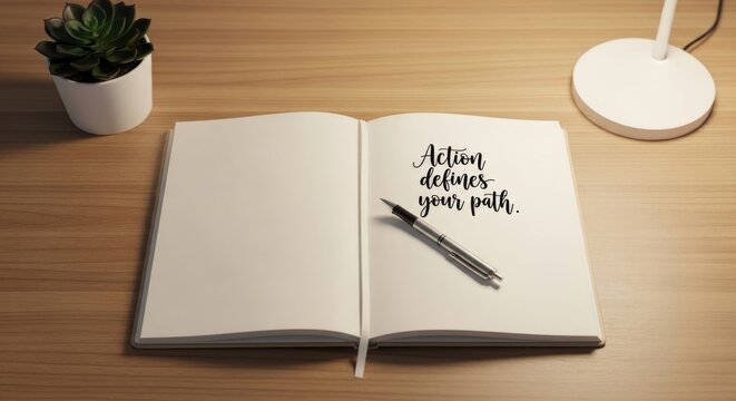 Open notebook with pen and motivational quote