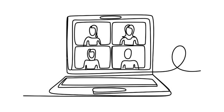 A single continuous line drawing of a laptop displaying a group video call with four participants. Vector, illustration