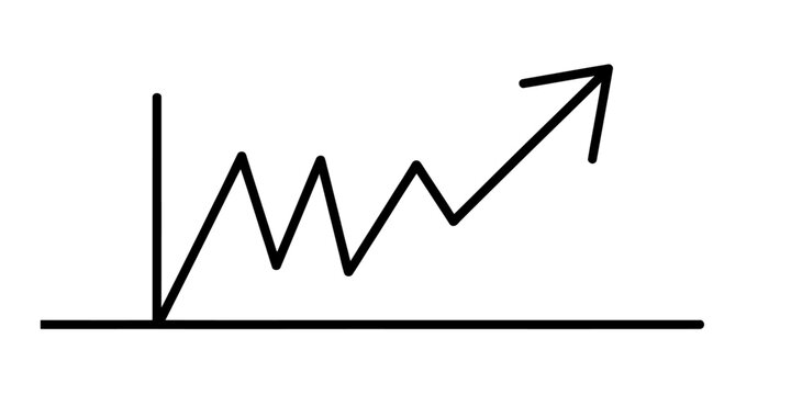 A simple black and white line graph illustration showing a volatile yet upward growth trend line Vector, illustration