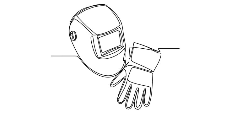 A single continuous line drawing of a protective welding helmet and a heavy duty safety glove gear Vector, illustration
