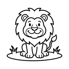 Obraz premium A charming black and white illustration depicts a smiling lion sitting in grassy terrain