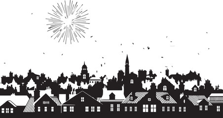 Fototapeta premium Old town cityscape vector silhouette illustration with fireworks and line art architecture