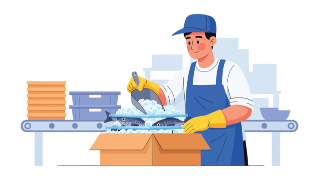 Fish Packing Process: A worker meticulously packs fish on a conveyor belt, ensuring efficient and hygienic processing with focus on food industry.