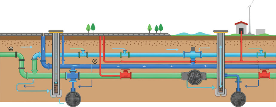 Underground Water Pipeline System Illustration with Sewer Network, Drainage Flow, Inspection Chambers, and Utility Infrastructure Cross Section Design