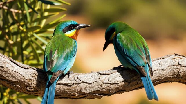 Two colorful bee-eater birds perched on a branch, looking at each other against blurred background